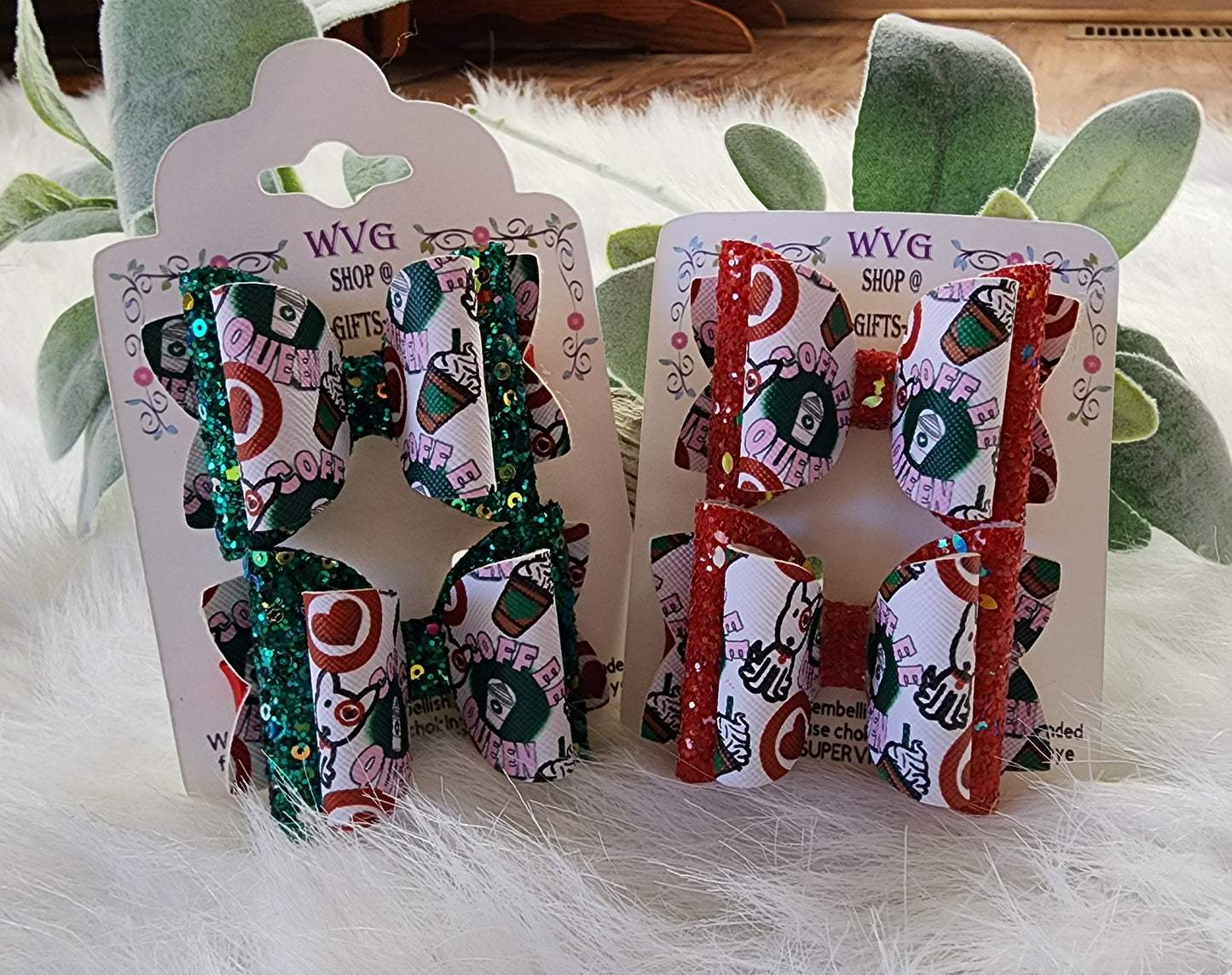 Coffee Lovers Target Shoppers & Glitter 3" Hair Bow Alligator Clips (set of 2)