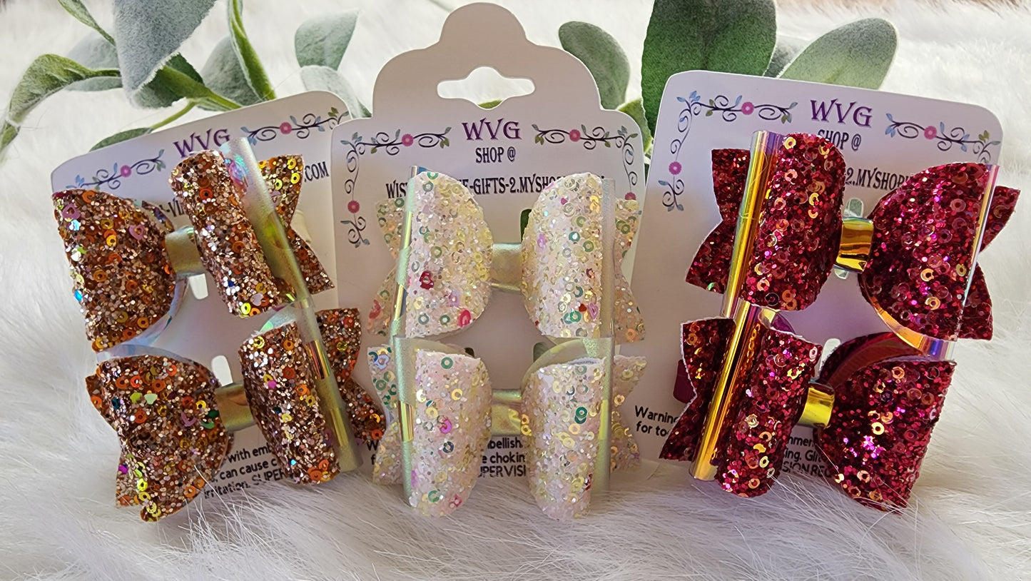 Chunky glitter Faux Leather 3" Hair Bow Alligator Clips (set of 2)