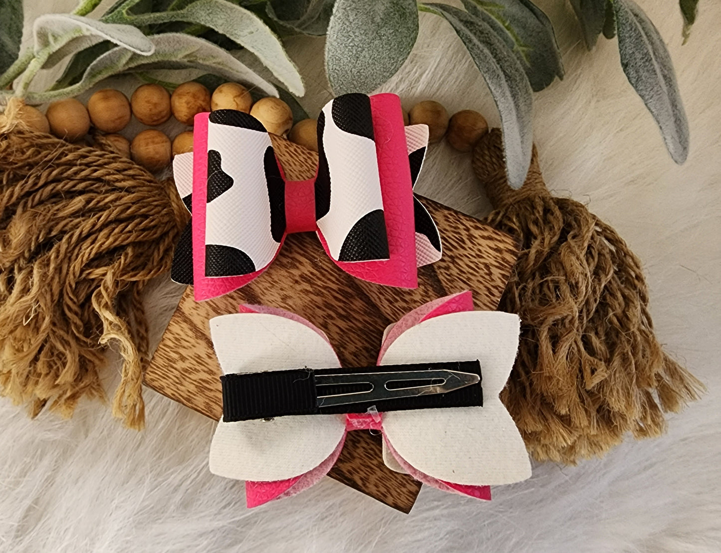 Hot Pink & Cow Print Faux Leather Ponytial Allagator Clips (set of 2)