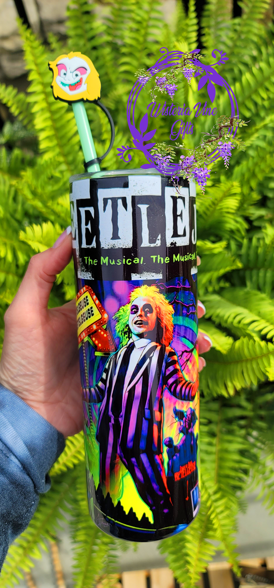 20oz Beetlejuice Stainless Steel Double Walled Tumbler (w/green straw & topper)
