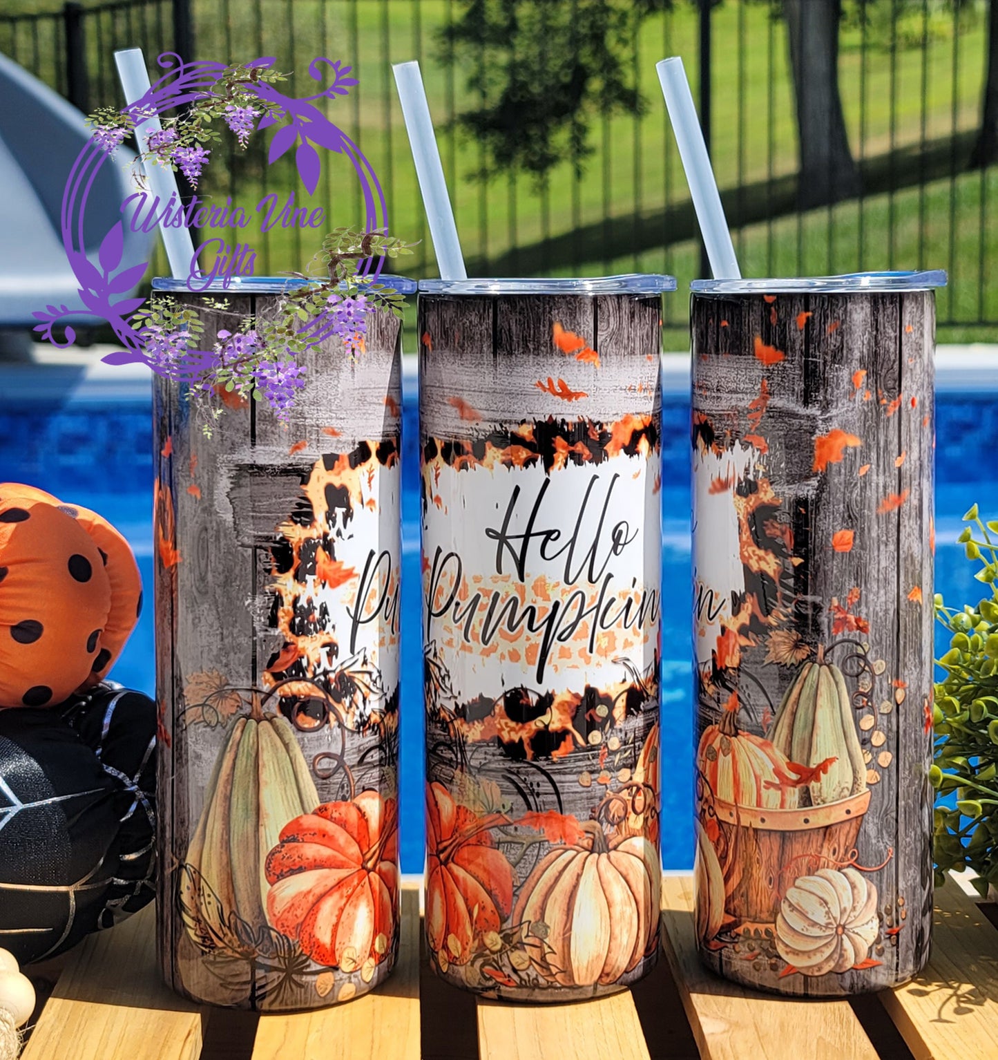 20oz Hello Pumpkin Fall Stainless Steel Double Walled Tumbler (w/clear straw)