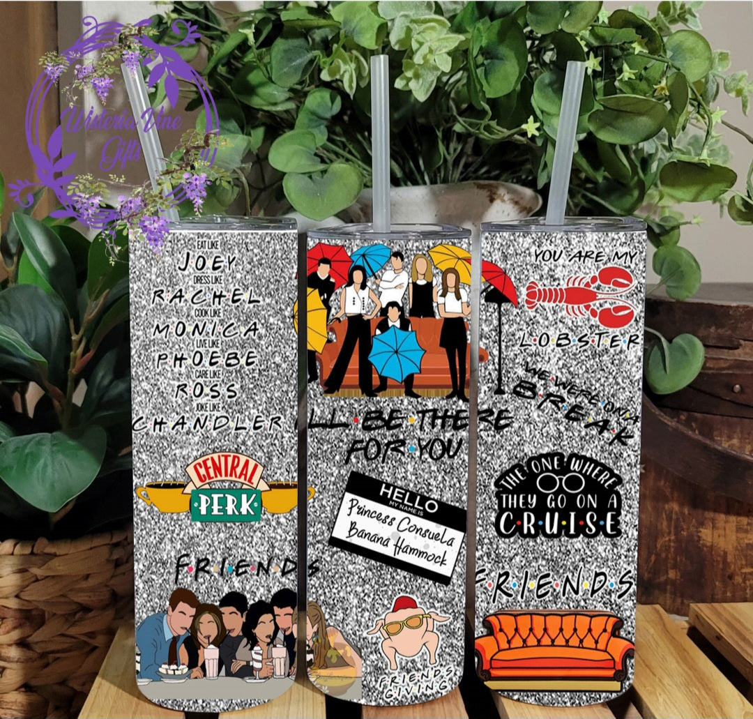 20oz FRIENDS Collage Stainless Steel Double Walled Tumbler (w/clear plastic straw)