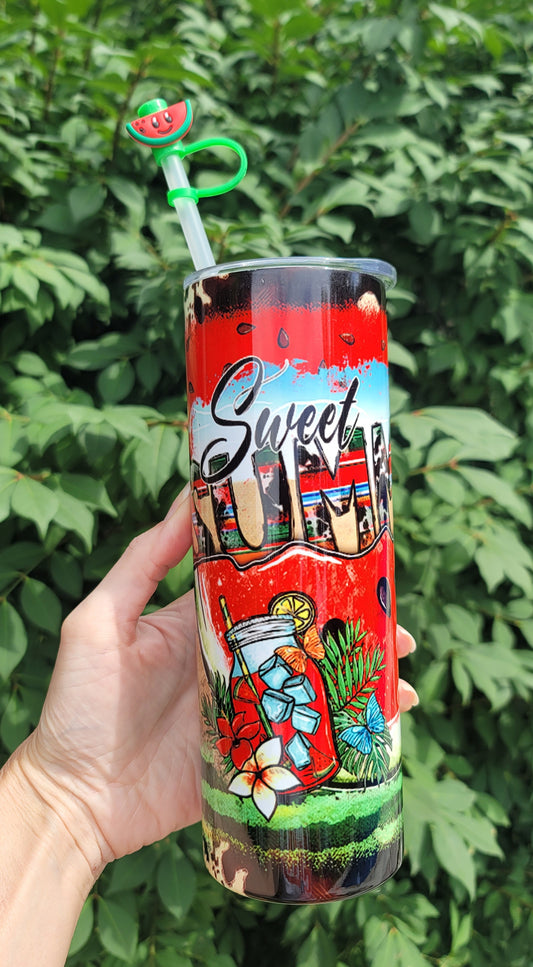 20oz Sweet Summer Watermelon Stainless Steel Double Walled Tumbler w/clear straw