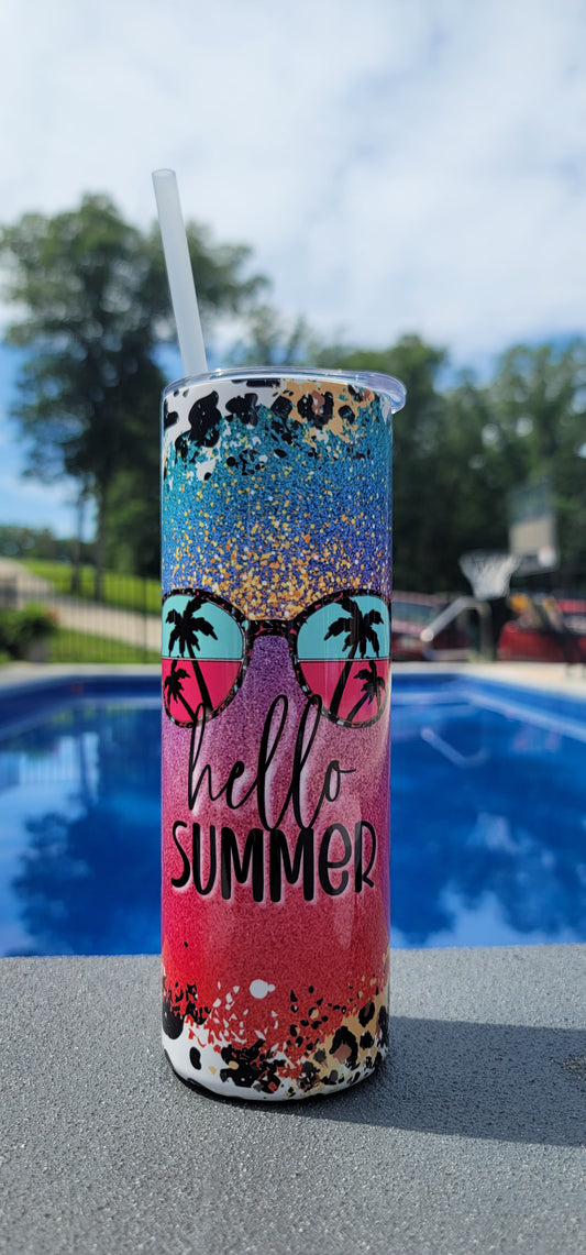 20oz Hello Summer Stainless Steel Double Walled Tumbler w/clear straw
