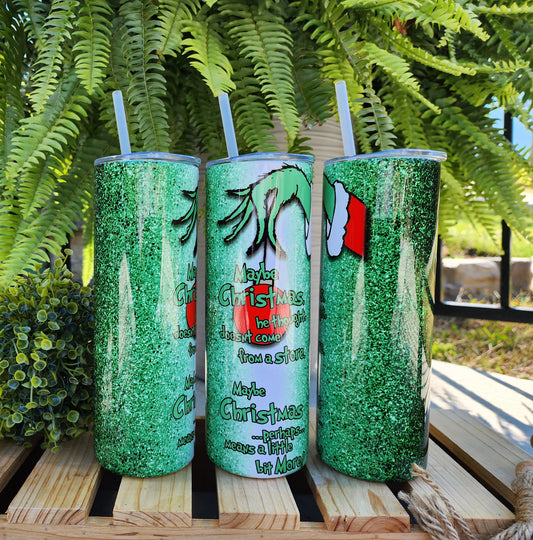 20oz Grinch Faux Glitter Stainless Steel Double Walled Tumbler w/clear straw