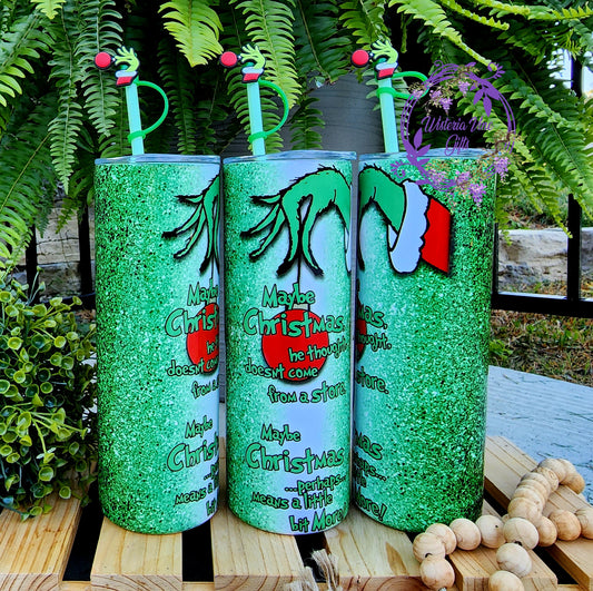20oz Grinch Faux Glitter Stainless Steel Double Walled Tumbler with green straw & topper