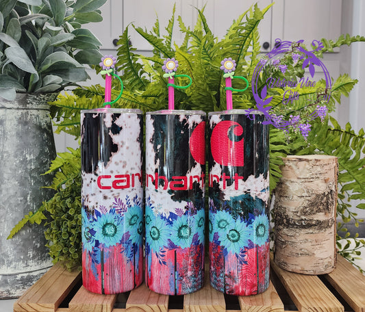 20oz Pink Western Carhart Sunflowers Stainless Steel Double Walled Tumbler w/straw toopper