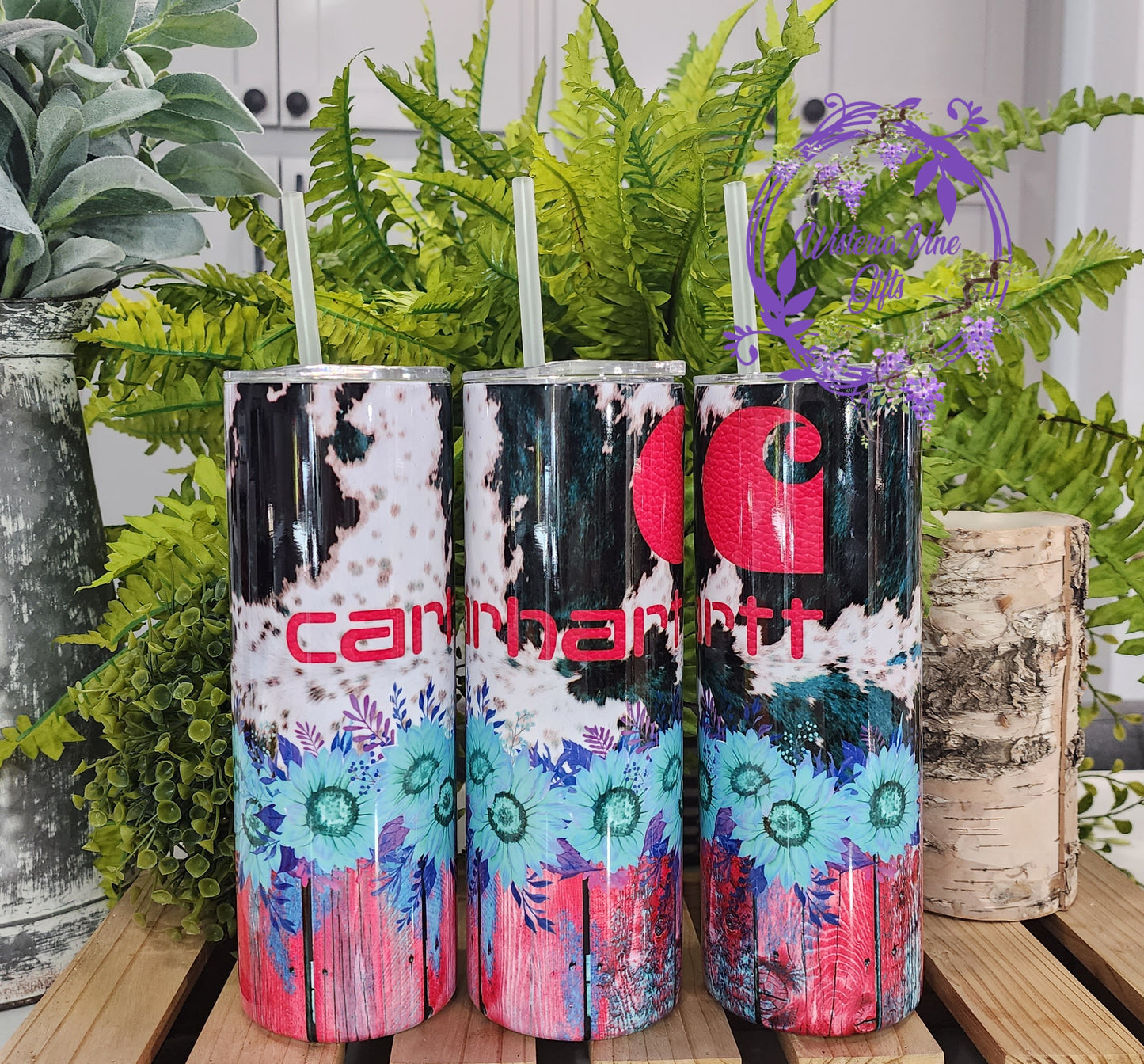 20oz Pink Carhart Western Blue Sunflower Stainless Steel Double Walled Tumbler w/clear straw