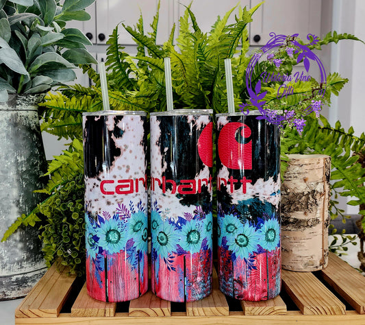 20oz Pink Carhart Western Blue Sunflower Stainless Steel Double Walled Tumbler w/clear straw