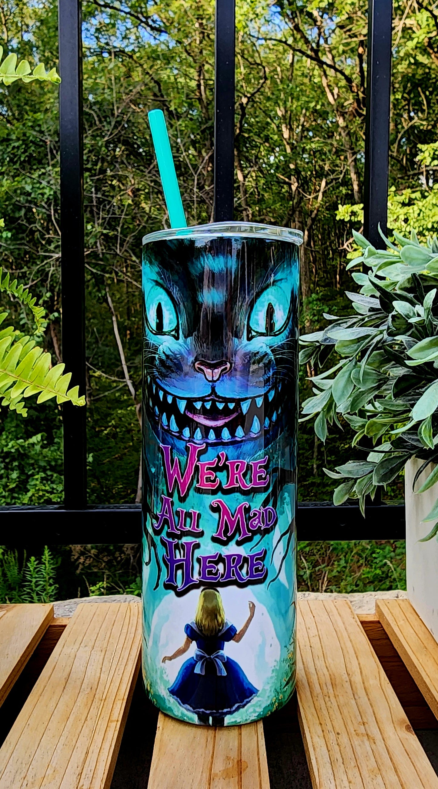 20oz We're All Mad Here Stainless-Steel Double Walled Tumbler with teal straw.