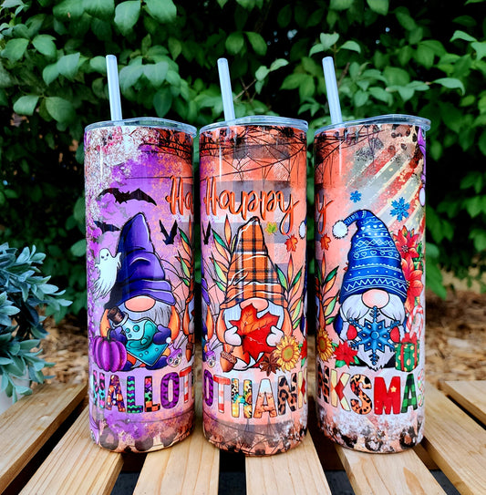 30oz Gnomes Hallothankmas Stainless Steel Double Walled Tumbler w/clear straw