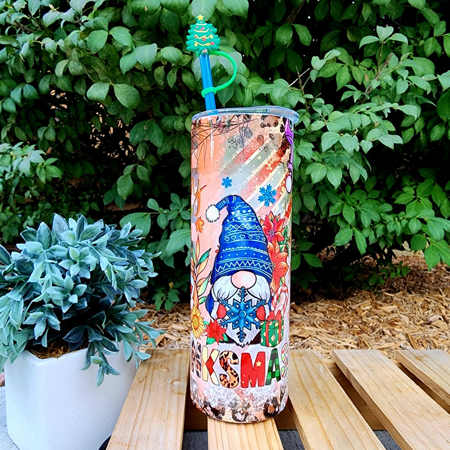 20oz Gnomes Hallothankmas Stainless Steel Double Walled Tumbler w/straw topper