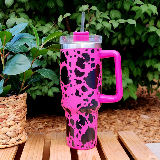 40oz Hot Pink Cowhide Stainless Steel Double Walled Tumbler w/clear straw