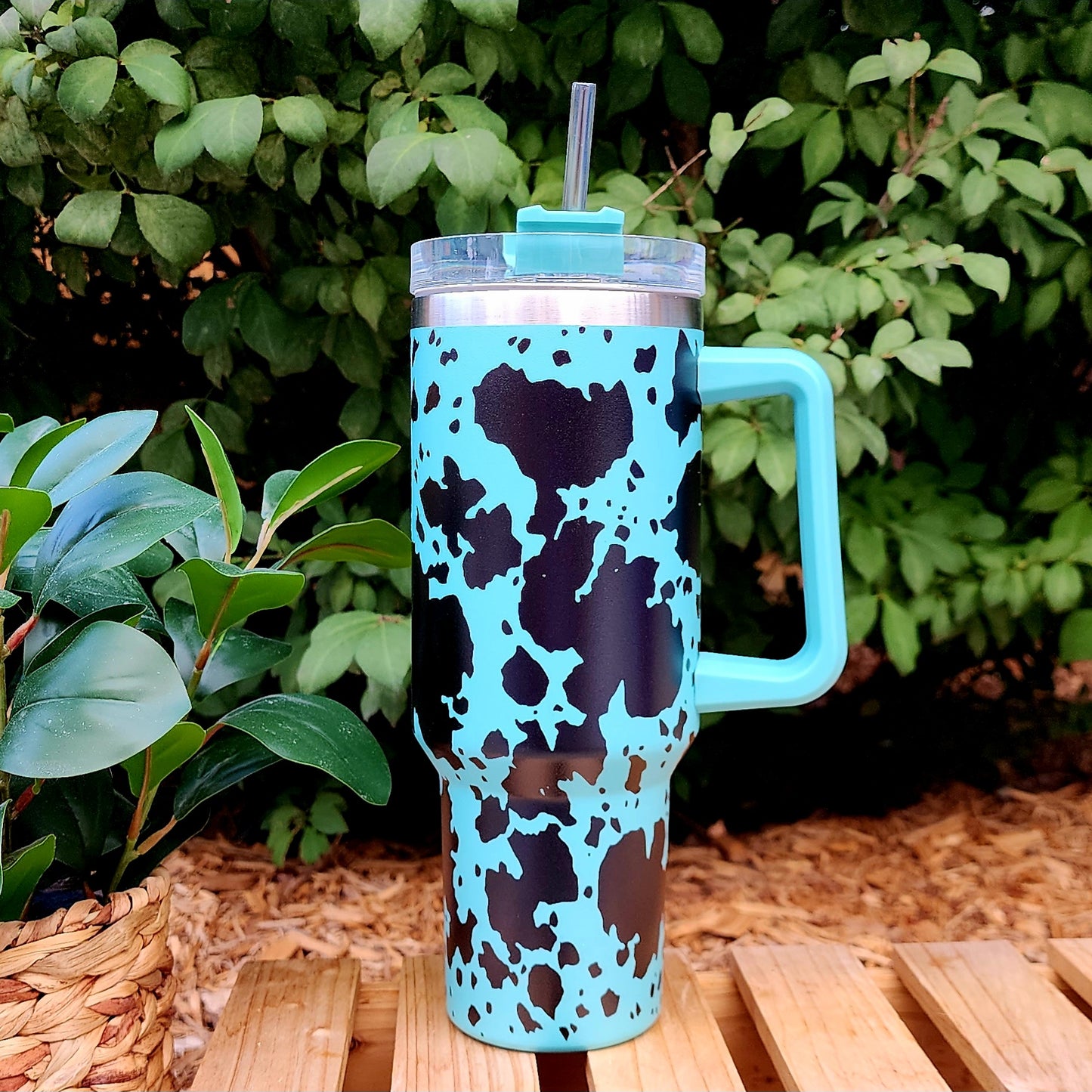 40oz Teal Cowhide Stainless Steel Double Walled Tumbler w/clear straw