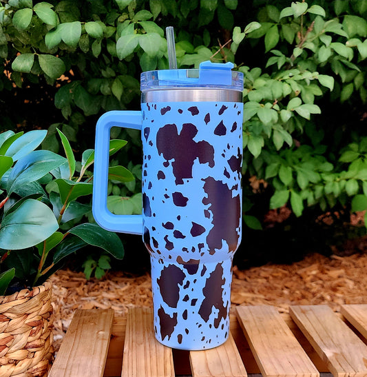 40oz Baby Blue Cowhide Stainless Double Walled Tumbler w/clear/straw
