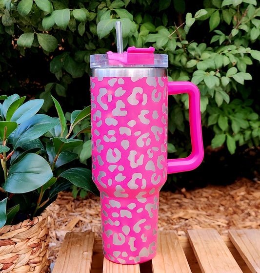 40oz Pink Leopard Stainless Steel Double Walled Tumbler w/clear straw