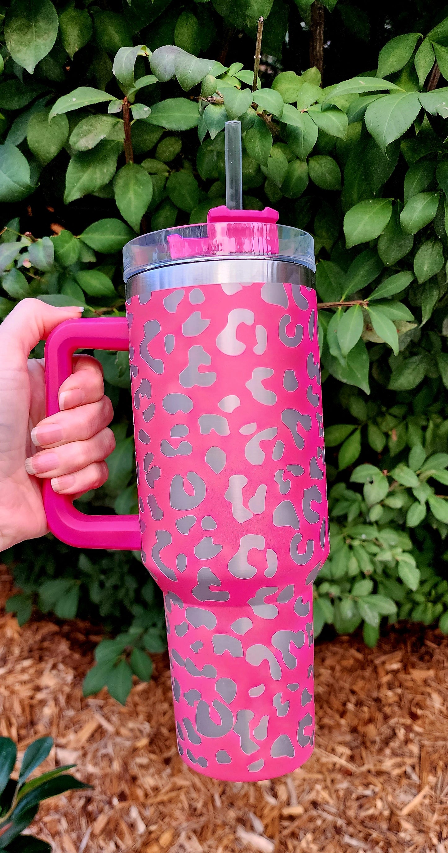 40oz Pink Leopard Stainless Steel Double Walled Tumbler w/clear straw