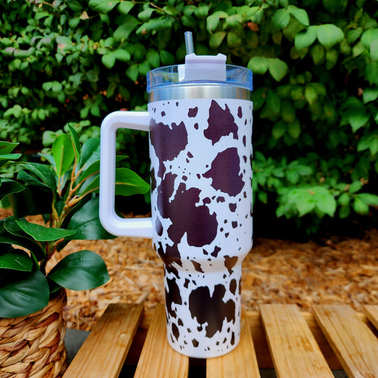 40oz White Cowhide Stainless Steel Double Walled Tumbler w/clear straw
