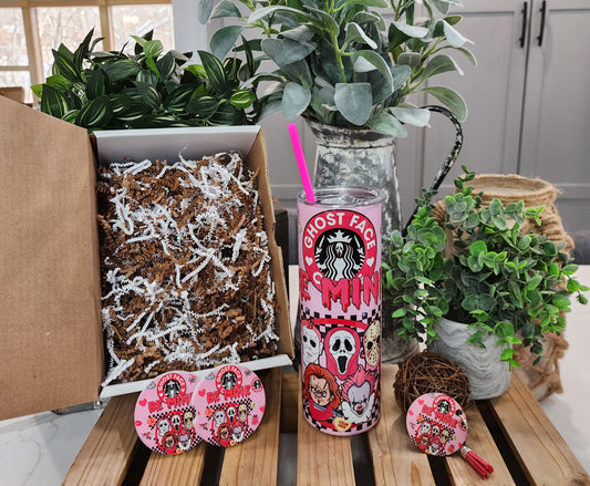 20oz Ghost Face Coffee, Be Mine, Horror Valentine Gift Box Set (Tumbler, Coasters & Keychain)