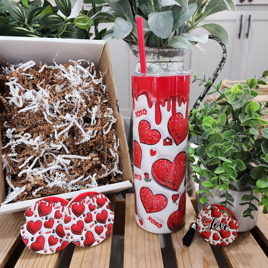 20oz Red 3D Faux Glitter Hearts, XOXO, Valentine Gift Box Set (Tumbler, Coasters & Keychain)