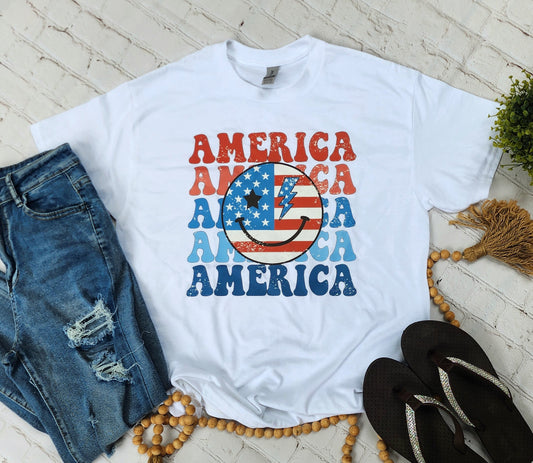 America, America, America Smiley Face DTF T-Shirt