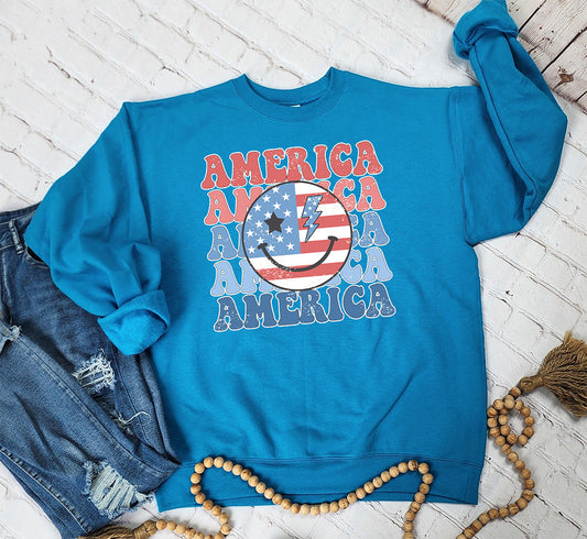 America Distressed Smiley Face Hanes EcoSmart Sweatshirt