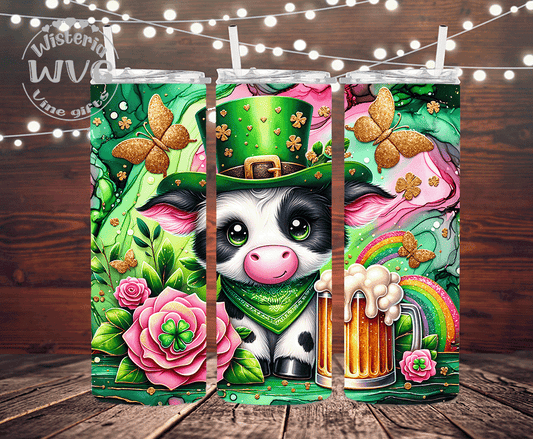 20oz Baby Cow, St Patty's Day Stainless Steel Double Walled Tumbler w/clear straw