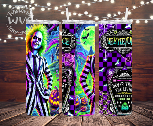 20oz Beetlejuice Neon Blue Stainless Steel Double Walled Tumbler w/clear straw