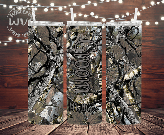 20oz Green Camo Groom Personalized Stainless Steel Double Walled Tumber w/clear straw