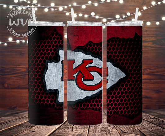 20oz KC Football, Chiefs Red Metal Stainless Steel Double Walled Tumbler w/clear straw