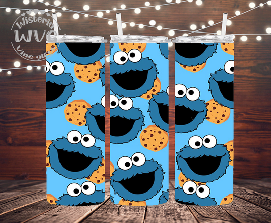 20oz Cookie Monster Collage Stainless Steel Double Walled Tumbler w/clear straw