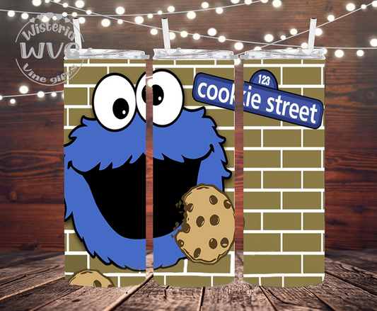 20oz Cookie Monster, Cookie Street Stainless Steel Double Walled Tumbler w/clear straw