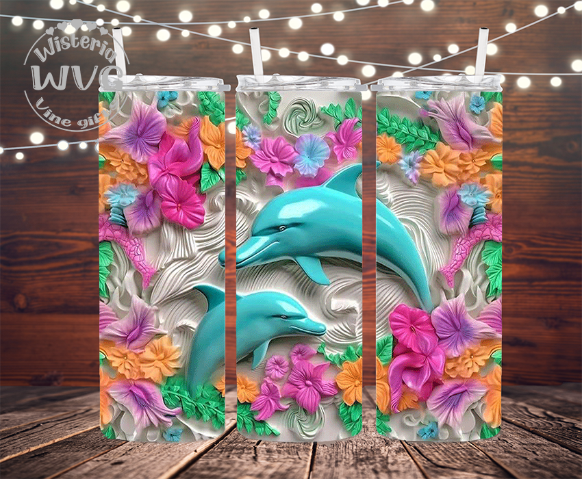 20oz Dolphins 3D Floral Stainless Steel Double Walled Tumbler w/clear straw