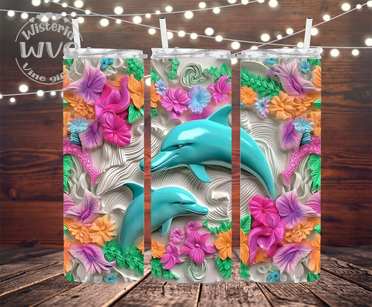 20oz Dolphins 3D Floral Stainless Steel Double Walled Tumbler w/clear straw