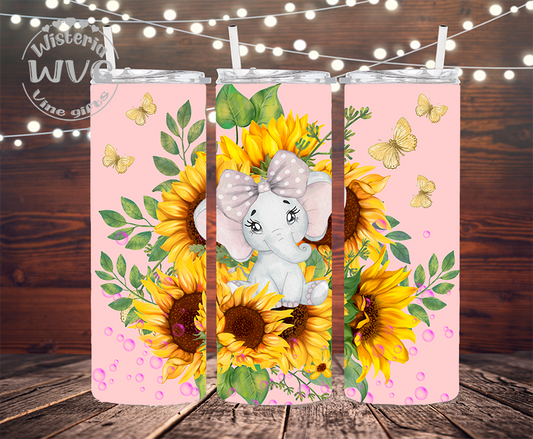20oz Sunflowers & Baby Elephant Stainless Steel Double Walled Tumbler w/clear straw