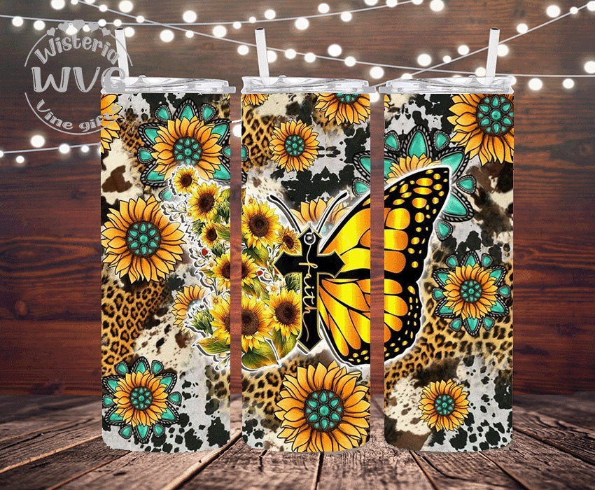 20oz Faith, Sunflowers & Butterflies Stainless Steel Double Walled Tumbler w/clear straw