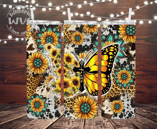 20oz Faith, Sunflowers & Butterflies Stainless Steel Double Walled Tumbler w/clear straw