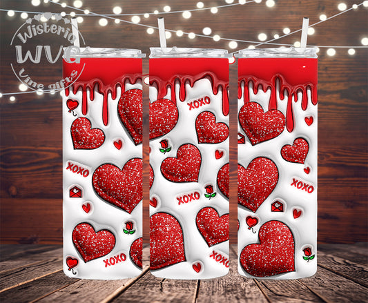 30oz 3D Puffy Glitter Hearts Red Stainless Steel Double Walled Tumbler w/clear straw