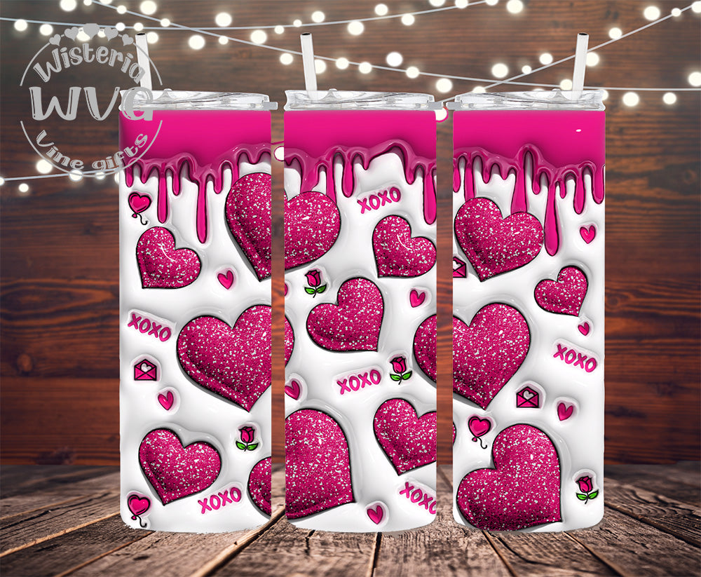 20oz 3D Puffy Glitter Hearts Pink Stainless Steel Double Walled Tumbler w/clear straw