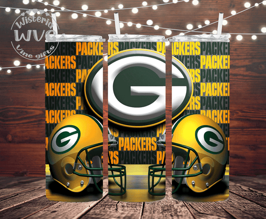 20oz Packers, Football Stainless Steel Double Walled Tumbler w/clear straw