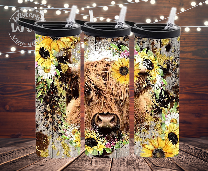 20oz Rustic Highland Cow & Sunflowers Tumble