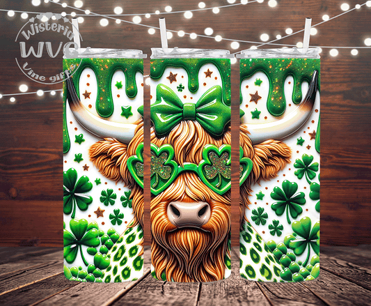 Cool Heifer St Patrick's Day Faux Glitter Stainless Steel Double Walled Tumbler w/clear straw