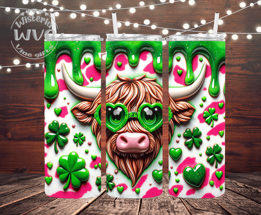 Green Drip Cool Heifer Stainless Steel Double Walled Tumbler w/clear straw
