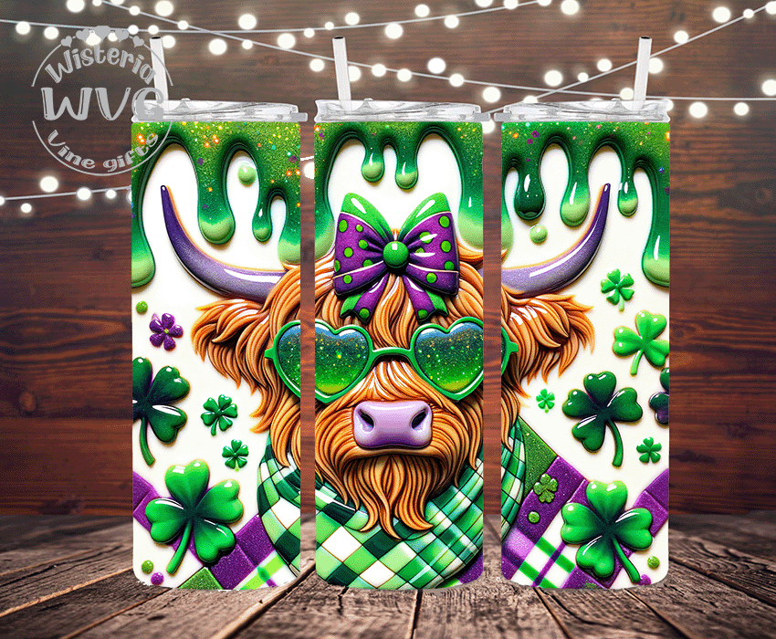 Green Drip Cool Heifer Purple Plaid Stainless Steel Double Walled Tumbler w/clear straw