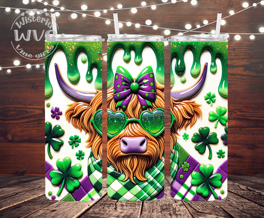 Green Drip Cool Heifer Purple Plaid Stainless Steel Double Walled Tumbler w/clear straw