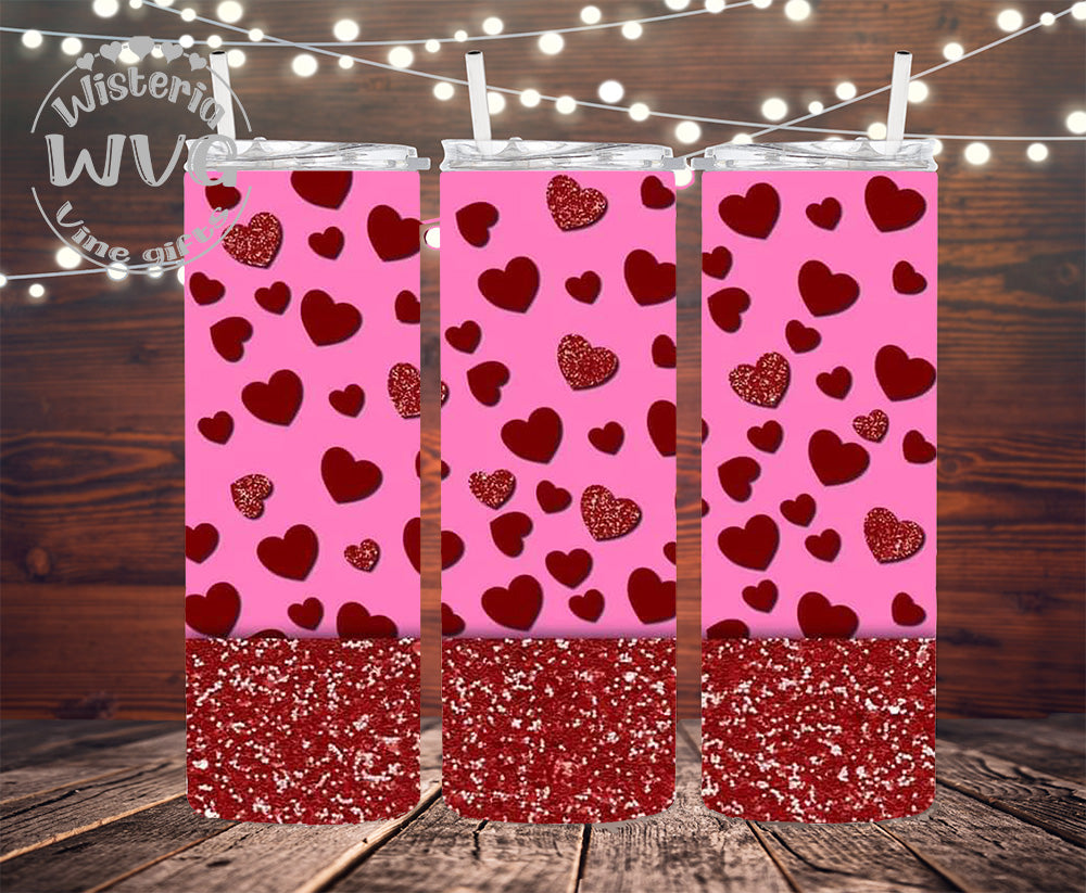 20oz Hot Pink & Red Foil Hearts Stainless Steel Double Walled Tumbler w/clear straw