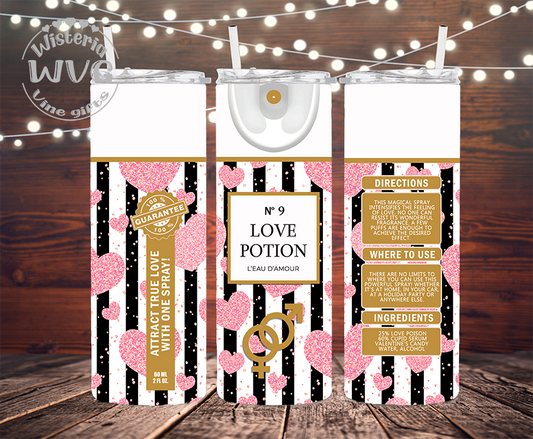 20oz Love Potion No 9, Valentines, Faux Glitter Pink Stainless Steel Double Walled Tumbler