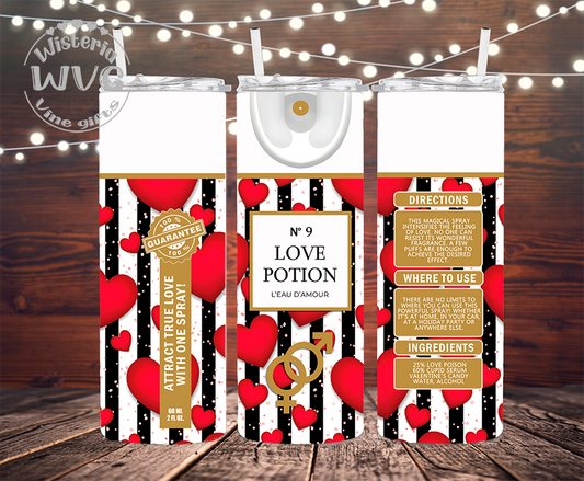 20oz Love Potion No 9, Valentines, Faux Glitter Red Stainless Steel Double Walled Tumbler