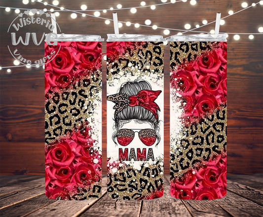 20oz MAMA Red Roses & Cheetah Stainless Steel Double Walled Tumbler w/clear straw