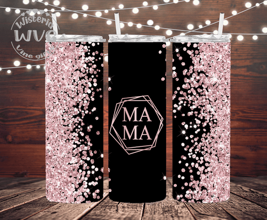 20oz MAMA Black & Pink faux Glitter Stainless Steel Double Walled Tumbler w/clear straw